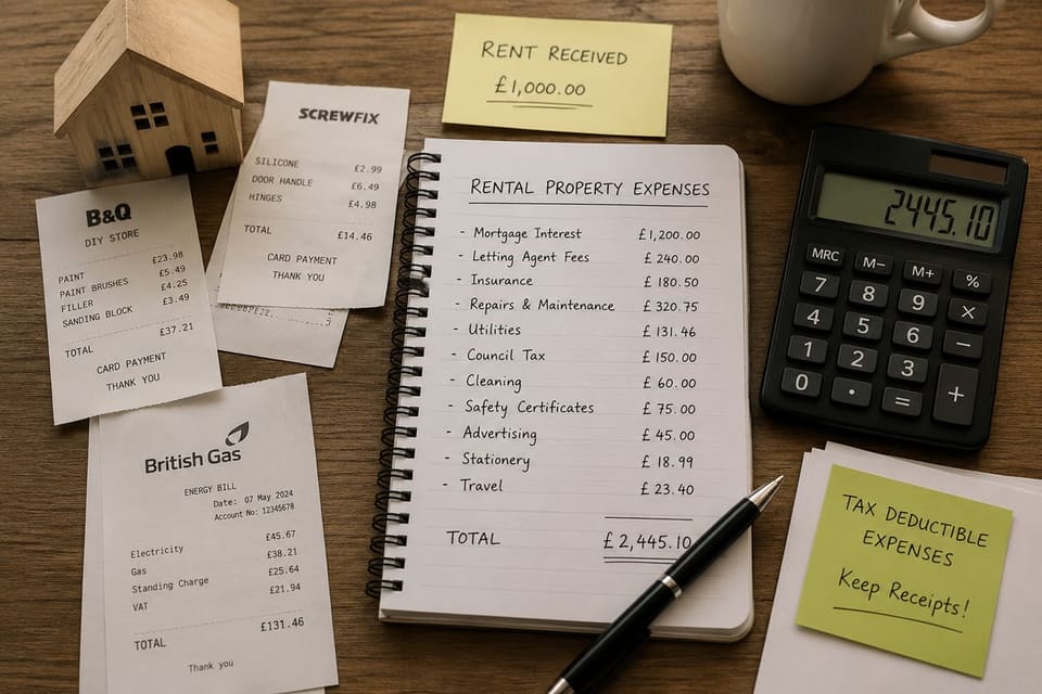 A rental property expenses notebook alongside receipts and a calculator