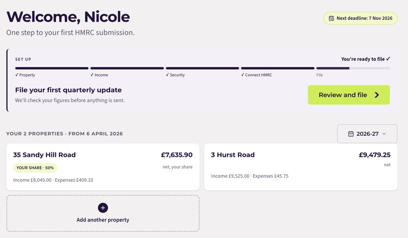 The Quarterwise dashboard showing net figures for two properties, setup progress and the next filing deadline